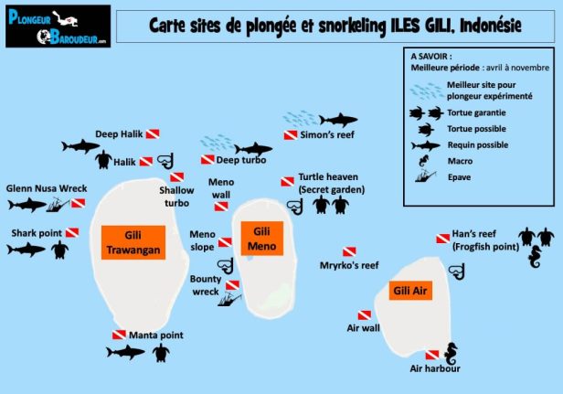 carte sites de plongee et snorkeling iles gili indonesie