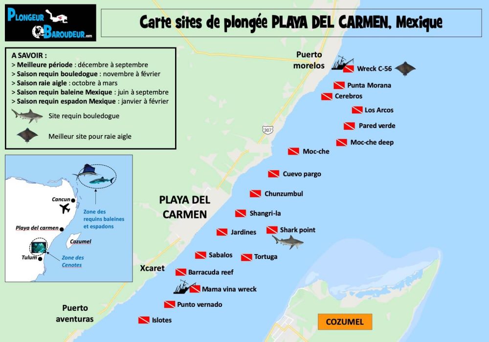 carte-sites-de-plongee-playa-del-carmen-mexique
